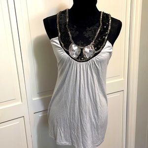 RUE 21 GREY TANK WITH BLACK SILVER & GOLD around neck area SZ LARGE smoke free